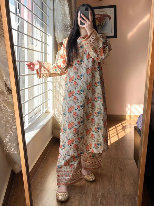 Natural Crepe Printed Embroidered Co-Ord Sets