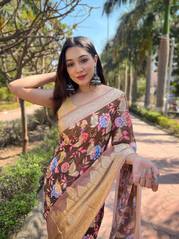 All Over Floral Printed Heavy Banarasi Silk Saree