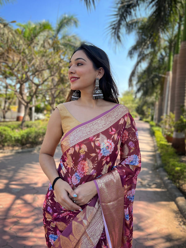 All Over Floral Printed Heavy Banarasi Silk Saree