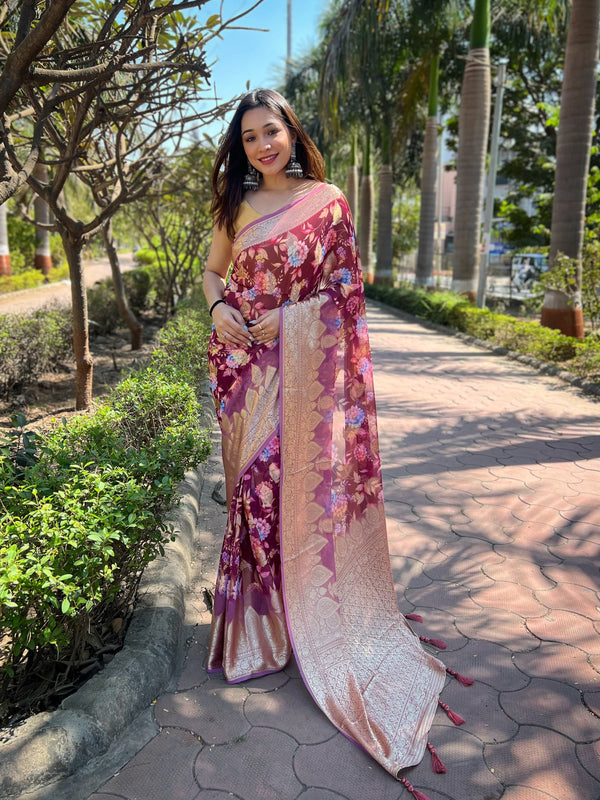 All Over Floral Printed Heavy Banarasi Silk Saree