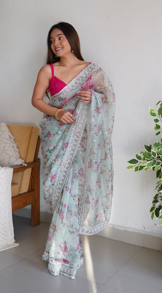 Floral Printed Embroidered Organza Saree