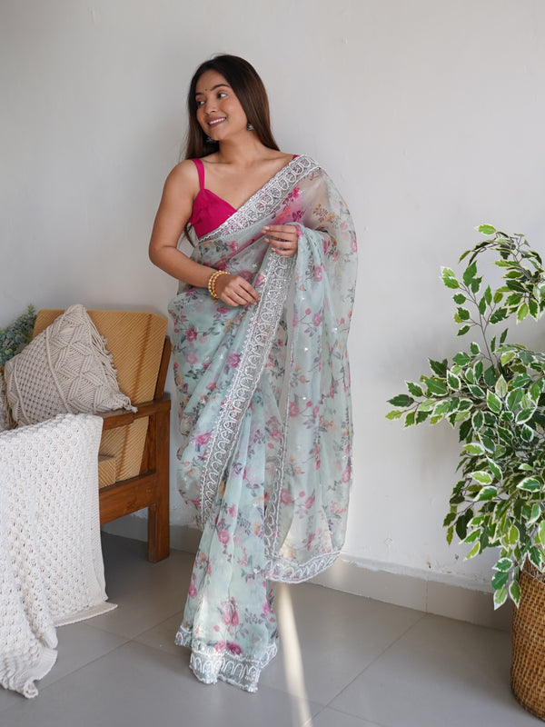 Floral Printed Embroidered Organza Saree