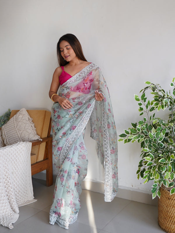 Floral Printed Embroidered Organza Saree
