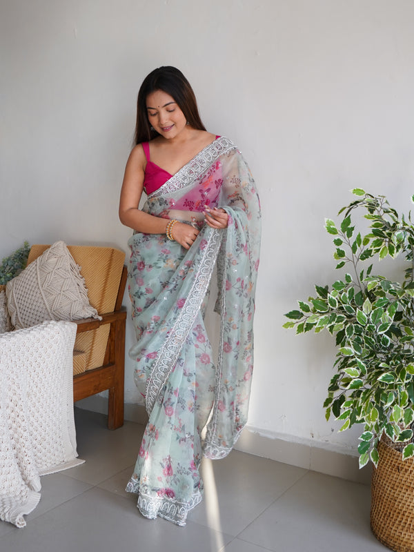 Floral Printed Embroidered Organza Saree