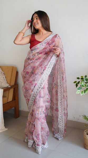 Floral Printed Embroidered Organza Saree