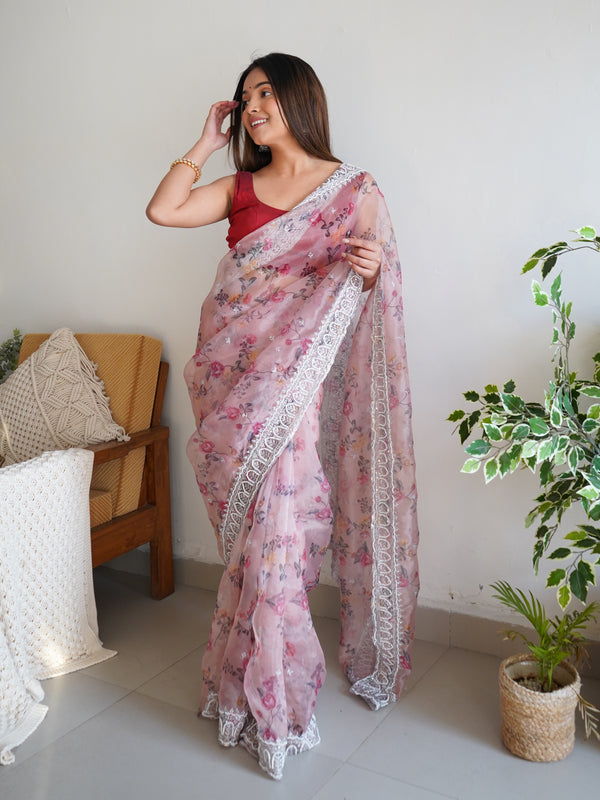 Floral Printed Embroidered Organza Saree