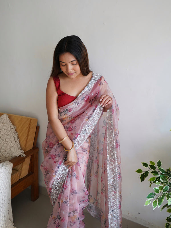 Floral Printed Embroidered Organza Saree