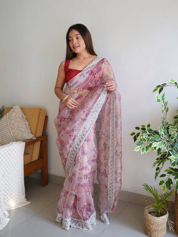 Floral Printed Embroidered Organza Saree