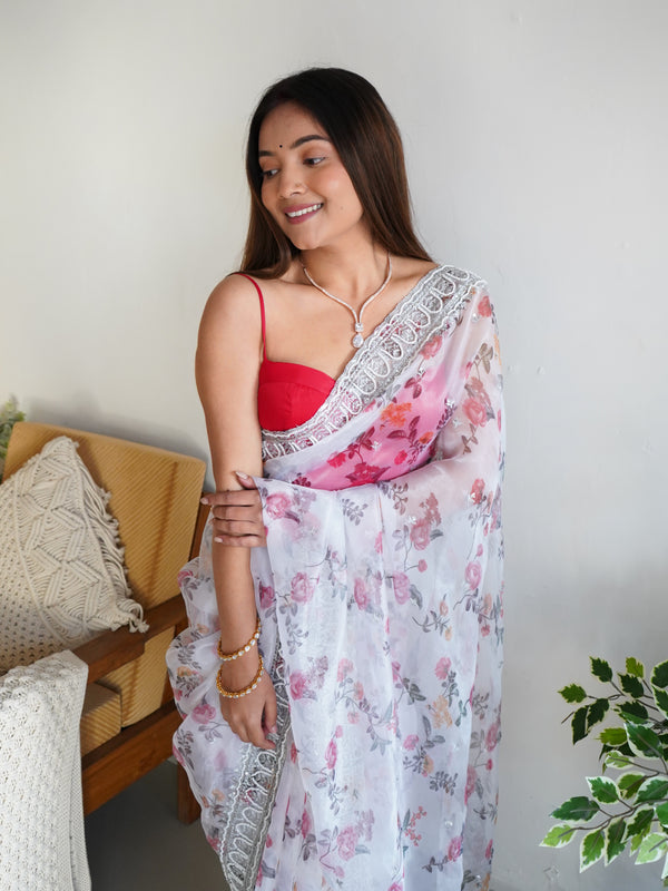 Floral Printed Embroidered Organza Saree