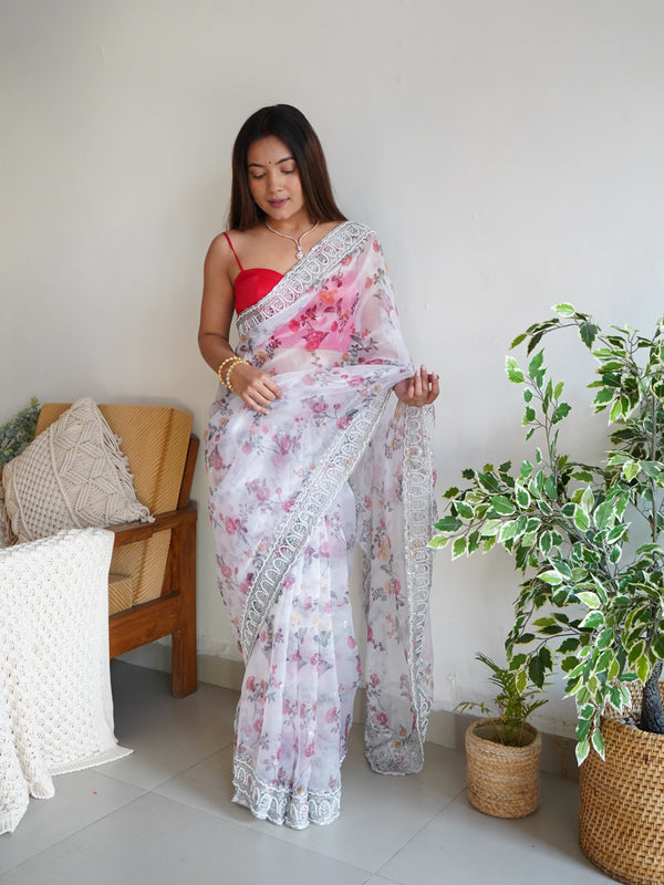 Floral Printed Embroidered Organza Saree
