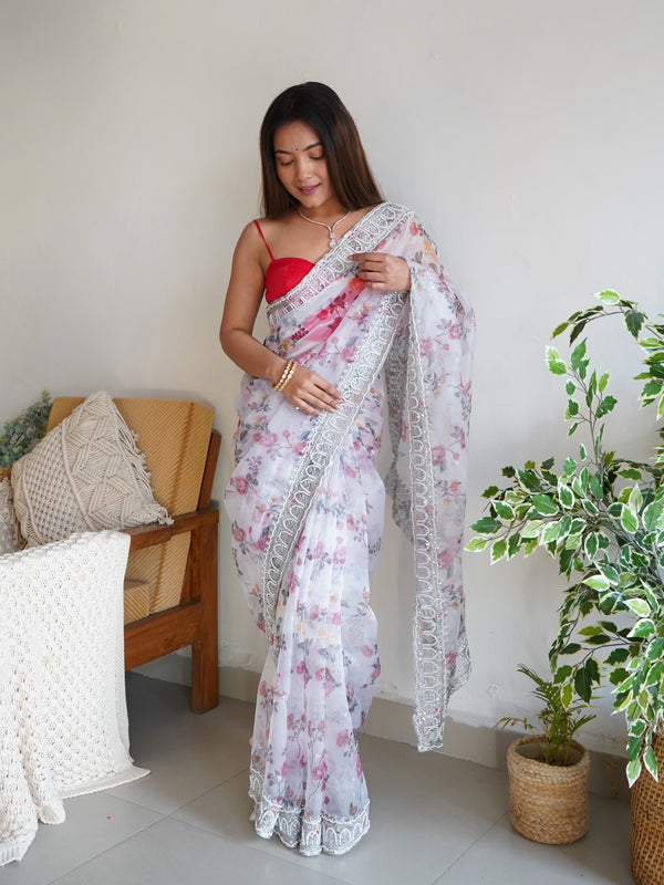 Floral Printed Embroidered Organza Saree