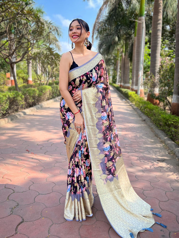 All Over Floral Printed Heavy Banarasi Silk Saree