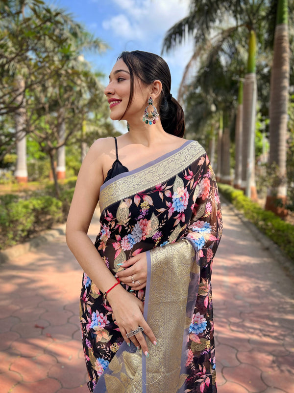 All Over Floral Printed Heavy Banarasi Silk Saree