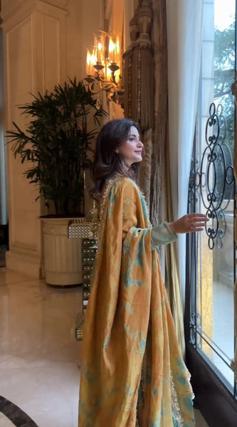 Sage Green & Mustard Tie-Dye  Embroidered Lehenga