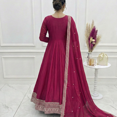Dark Pink Pure Vichitra Silk Anarkali Lehenga