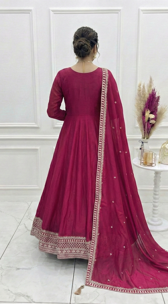 Dark Pink Pure Vichitra Silk Anarkali Lehenga