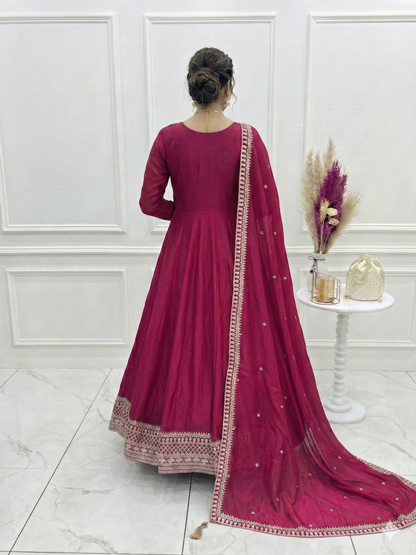 Dark Pink Pure Vichitra Silk Anarkali Lehenga