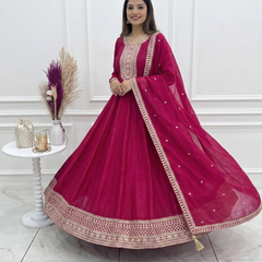 Dark Pink Pure Vichitra Silk Anarkali Lehenga