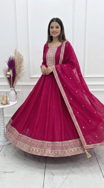 Dark Pink Pure Vichitra Silk Anarkali Lehenga