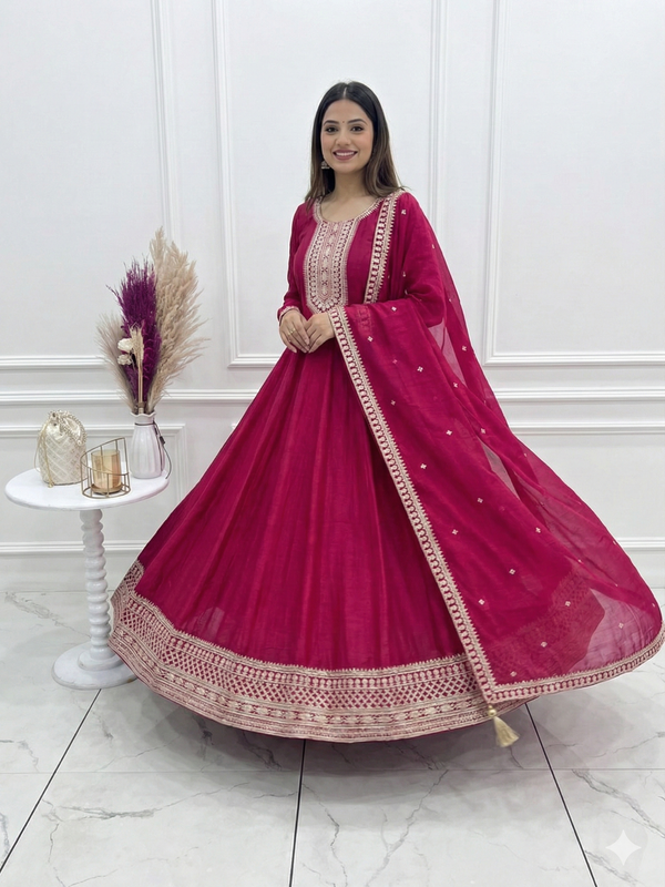 Dark Pink Pure Vichitra Silk Anarkali Lehenga