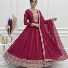 Dark Pink Pure Vichitra Silk Anarkali Lehenga