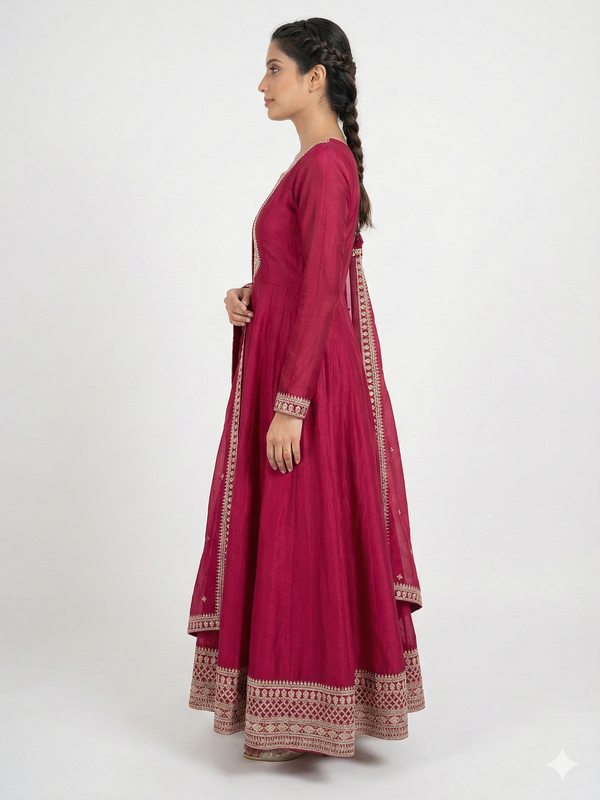 Dark Pink Pure Vichitra Silk Anarkali Lehenga