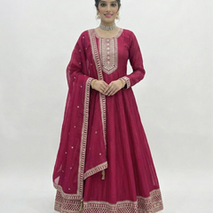 Dark Pink Pure Vichitra Silk Anarkali Lehenga