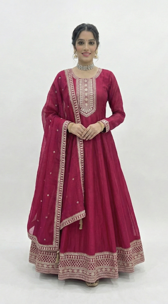 Dark Pink Pure Vichitra Silk Anarkali Lehenga