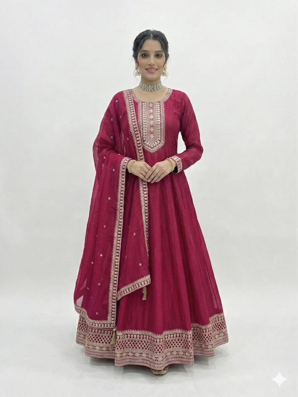 Dark Pink Pure Vichitra Silk Anarkali Lehenga