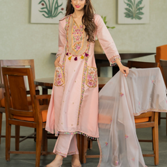 P.V. Chanderi Embroidered Kurti Palazzo Set with Dupatta