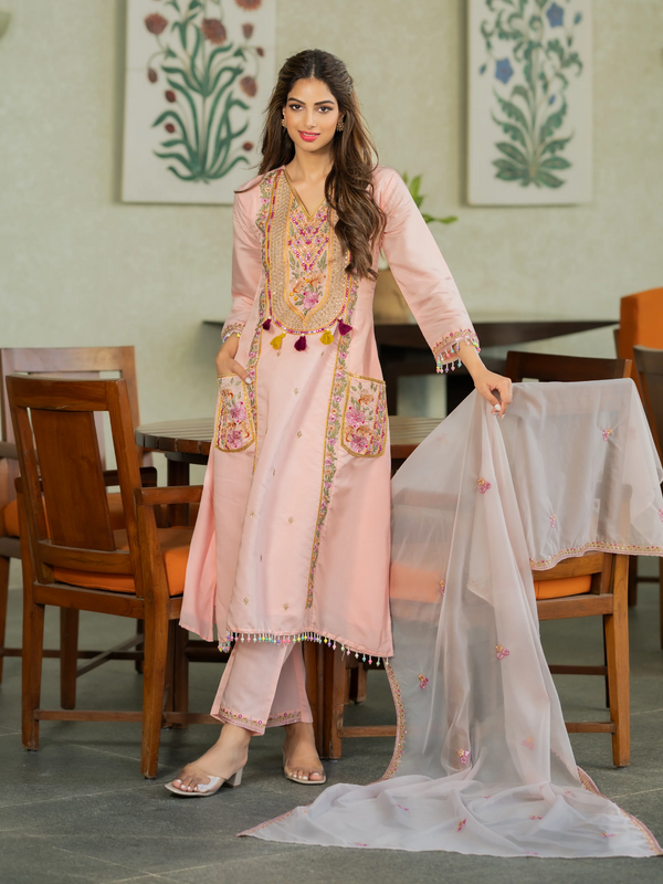 P.V. Chanderi Embroidered Kurti Palazzo Set with Dupatta