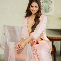 P.V. Chanderi Embroidered Kurti Palazzo Set with Dupatta
