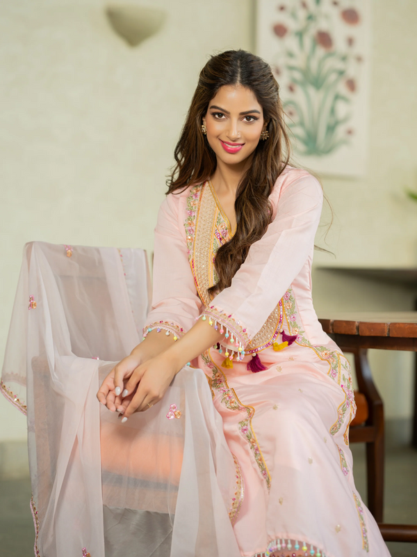 P.V. Chanderi Embroidered Kurti Palazzo Set with Dupatta