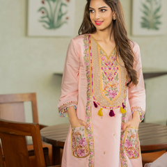 P.V. Chanderi Embroidered Kurti Palazzo Set with Dupatta