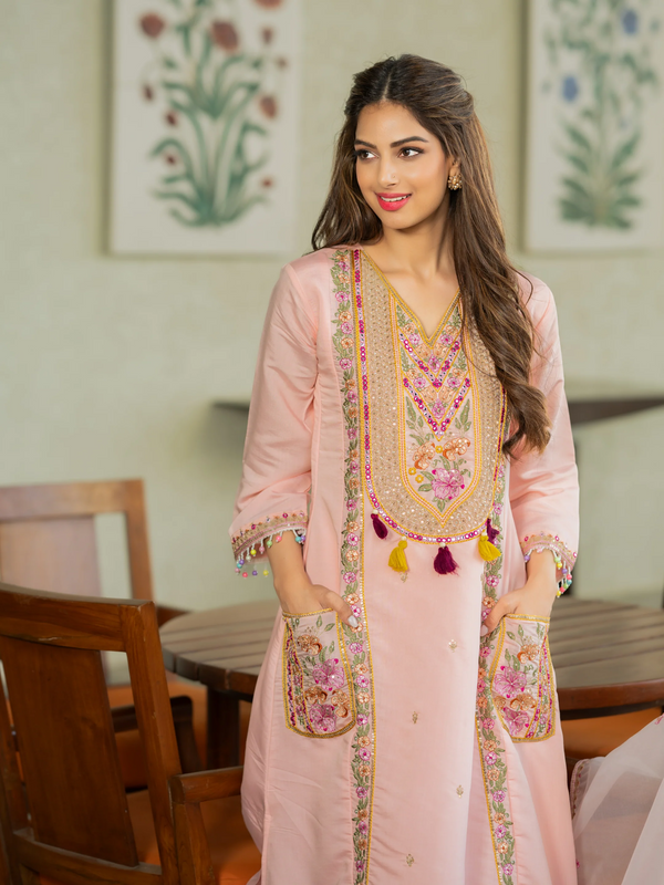 P.V. Chanderi Embroidered Kurti Palazzo Set with Dupatta