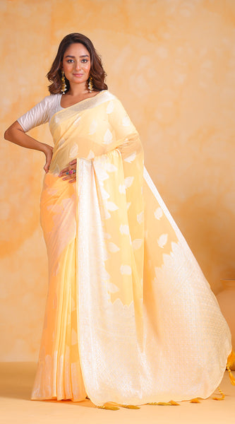 Women Leaf Woven Georgette Saree with Tassels