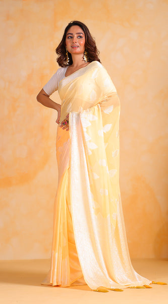 Women Leaf Woven Georgette Saree with Tassels
