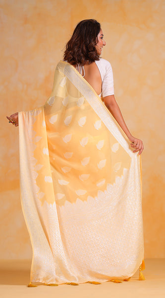Women Leaf Woven Georgette Saree with Tassels