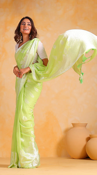 Women Leaf Woven Georgette Saree with Tassels