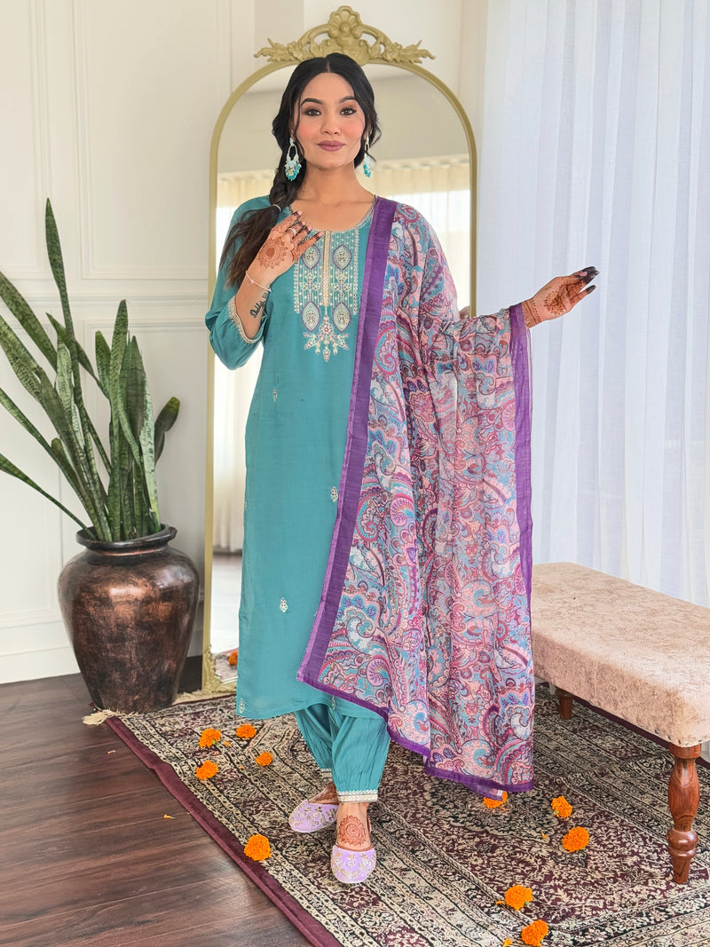 Trendy Embellished Kurta With Bottom & Dupatta