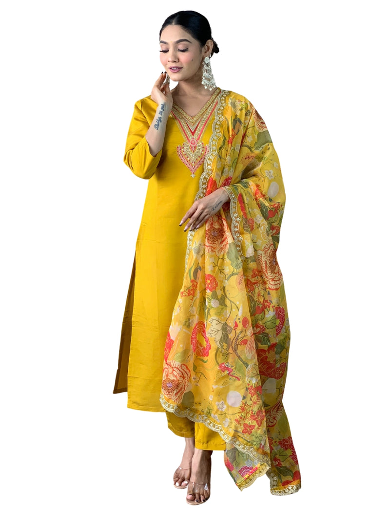 Mustard Embroidery Designer Kurta Set