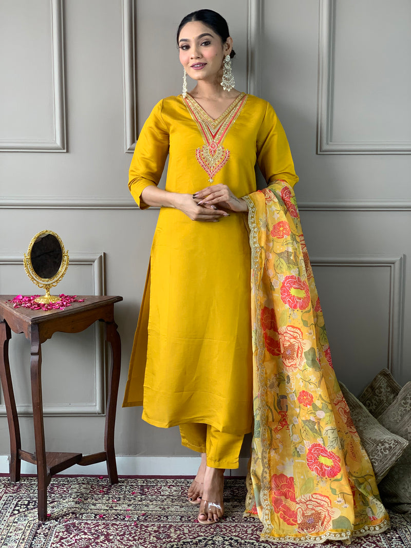 Mustard Embroidery Designer Kurta Set