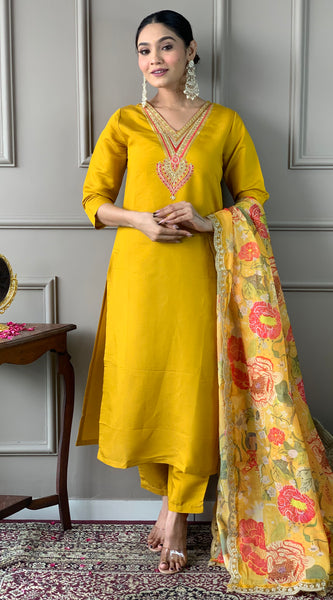 Mustard Embroidery Designer Kurta Set