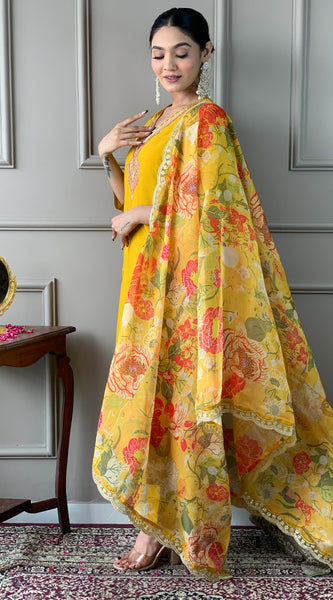 Mustard Embroidery Designer Kurta Set