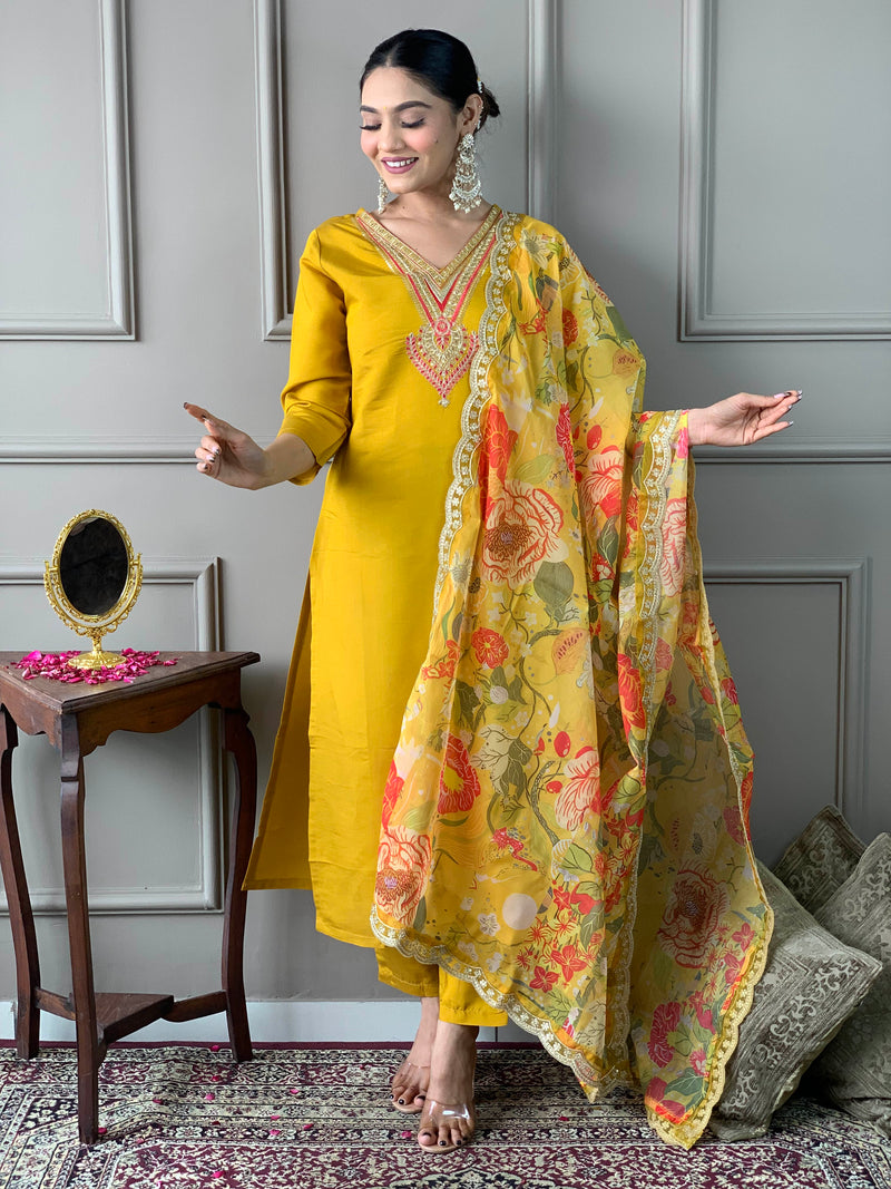 Mustard Embroidery Designer Kurta Set