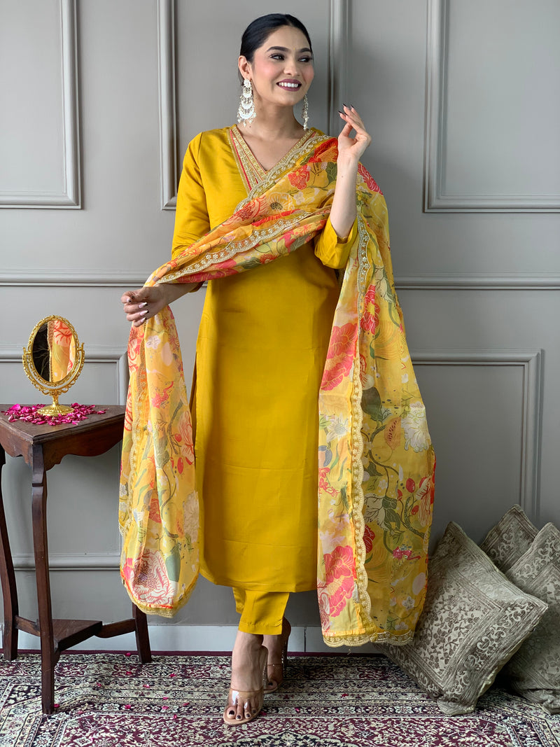 Mustard Embroidery Designer Kurta Set