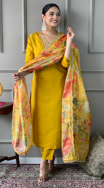 Mustard Embroidery Designer Kurta Set
