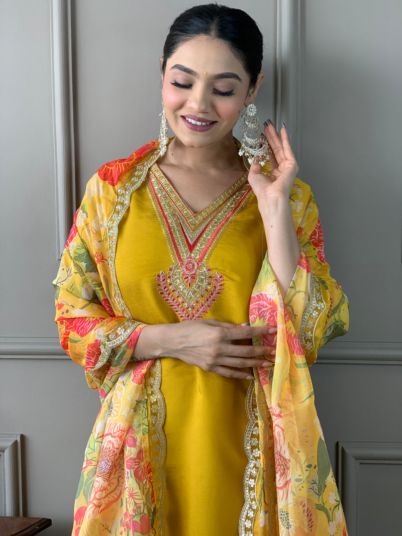Mustard Embroidery Designer Kurta Set