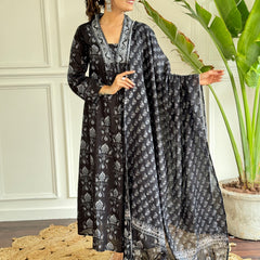Black Foil Print Flared Dresses