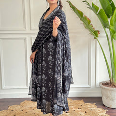 Black Foil Print Flared Dresses